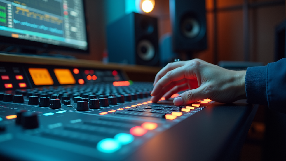 Eye-level view of a sound engineer adjusting audio levels on a mixing console