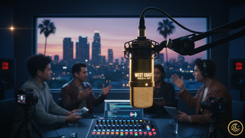 Close-up view of a podcast microphone in a studio setting