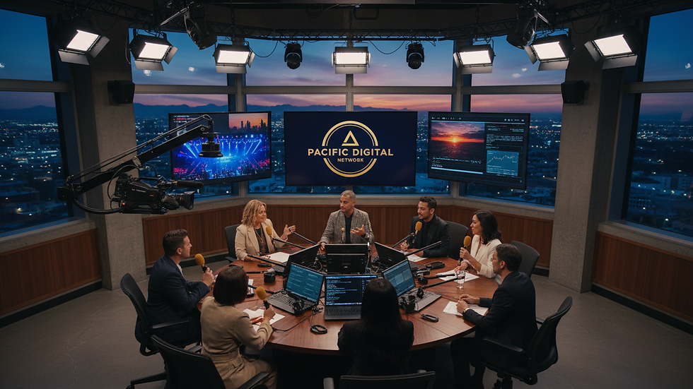 High angle view of a collaborative meeting in a creative media workspace