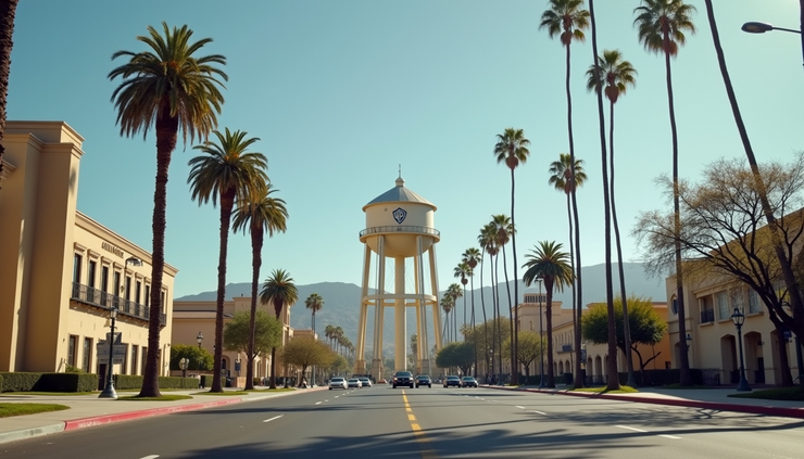Eye-level view of Warner Bros studio lot with iconic water tower