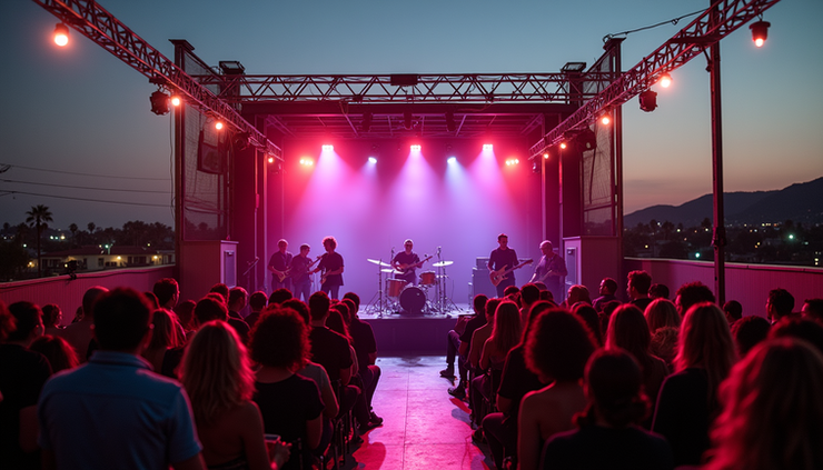 Eye-level view of a vibrant San Diego rooftop venue set up for a live indie music showcase