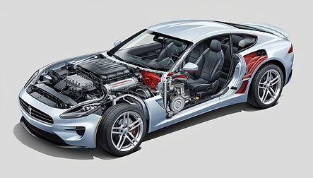 Diagram of a vehicle showing labeled parts including engine, brakes, and transmission