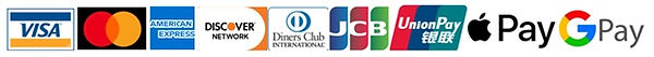Logos for VISA, Mastercard, AMEX, Diners Club, JCB, Union Pay, Apple Pay and Google Pay.