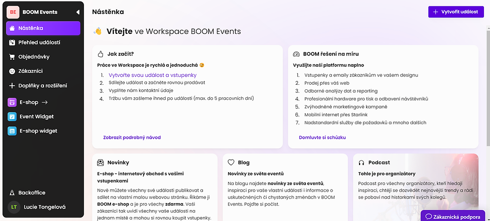 Nástěnka aplikace BOOM Events, obsahuje nabídku akcí, e-shopů a widgetů. Fialové tlačítko "Vytvořit událost" a informace pro uživatele.