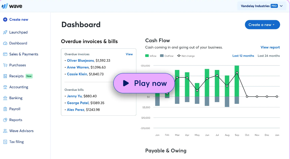 Business dashboard showing overdue invoices and bills, cash flow chart with inflow, outflow, and net change. Purple "Play now" button.