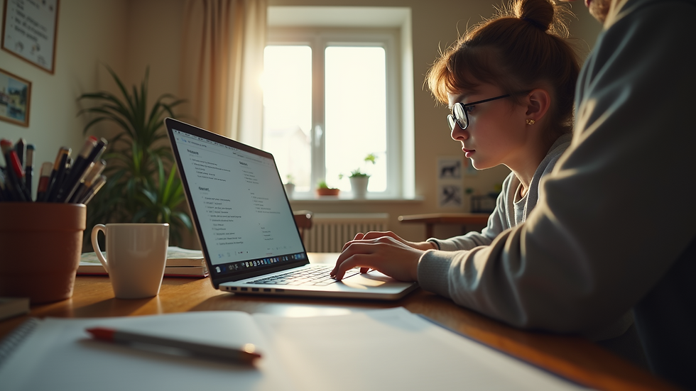 Eye-level view of a student studying with a laptop at home