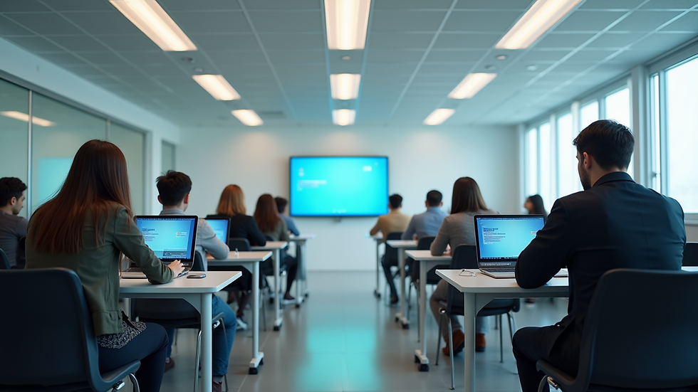 Wide angle view of a modern classroom equipped with digital learning technology