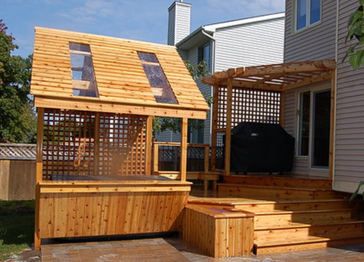 Hot Tub Structure with Bar,Sky Lights, Planter, Bench, Deck, BBQ Cover with Lexa