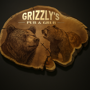 Custom live-edge pub sign with deep-relief bear engraving for Calgary businesses.
