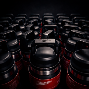 Industrial laser marking on Milwaukee tool batteries for brand security.