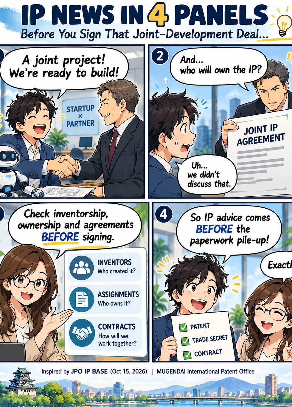English four-panel manga about joint development, inventorship, and IP ownership