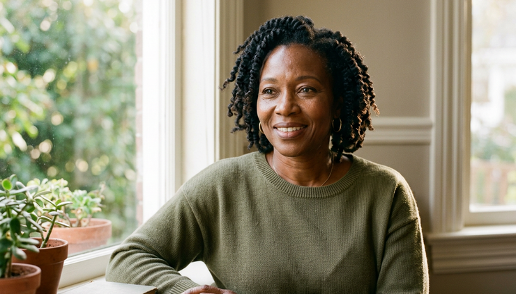 Close-up of a brown woman over 40 smiling softly beside a sunlit window.
