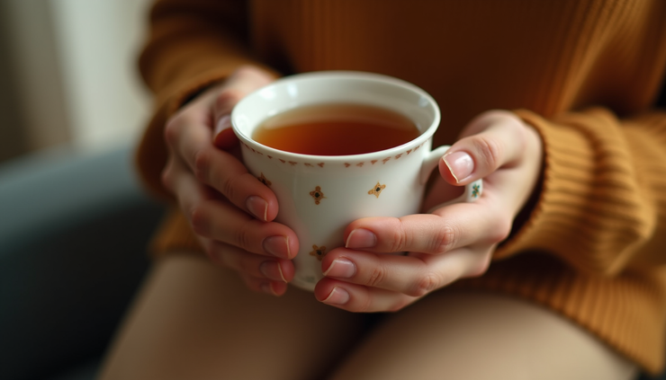Close-up view of a brown woman’s hands holding a cup of tea, symbolizing a moment of rest