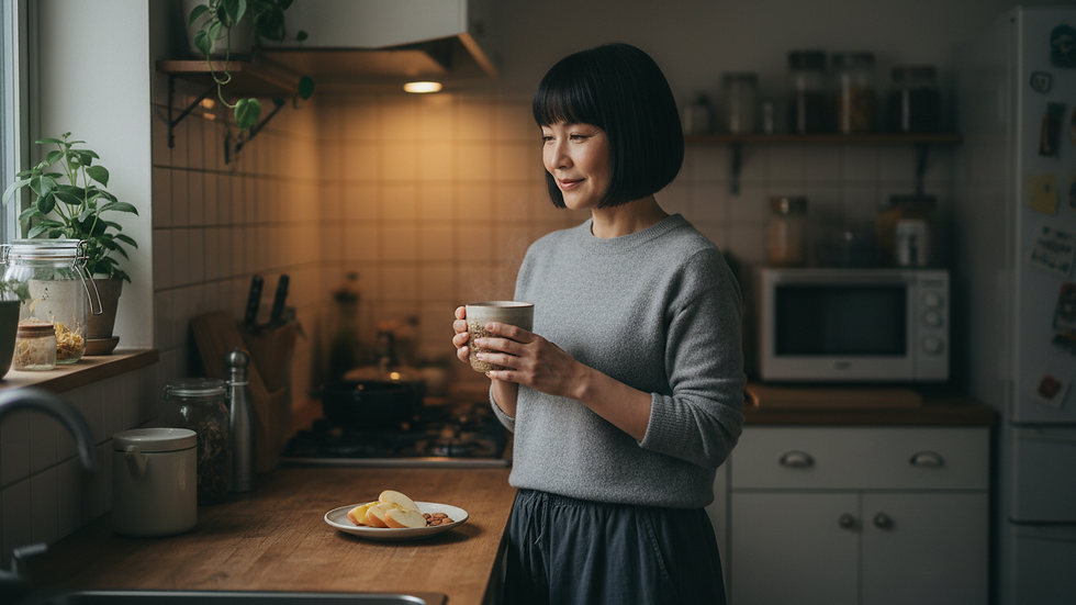 Wide-angle view of an Asian woman with a bob hairstyle preparing herbal tea in a quiet kitchen before bed.