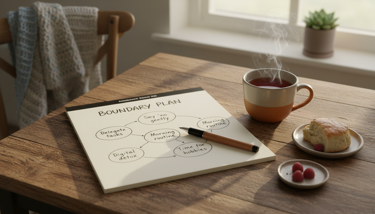 Overhead view of a handwritten boundary plan beside a cup of tea on a small kitchen table