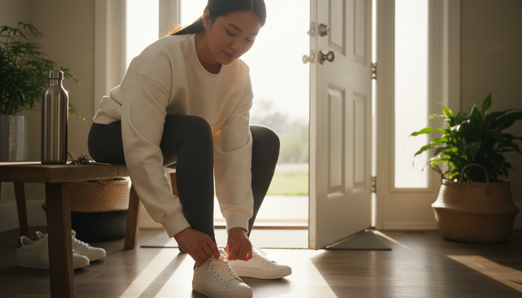 Close-up of a Chinese woman tying her sneakers near an open front door.