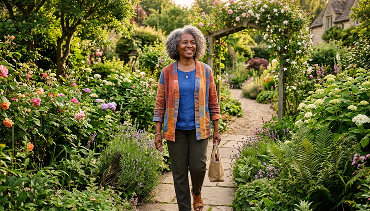 Wide-angle view of a Black woman over 60 with gray hair walking through a garden path.
