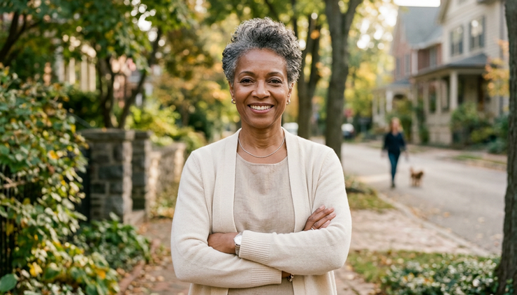 Eye-level view of a confident woman over 50 standing in warm morning light.