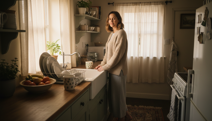 Wide-angle view of a white woman standing at a kitchen sink with warm sunlight on her face.
