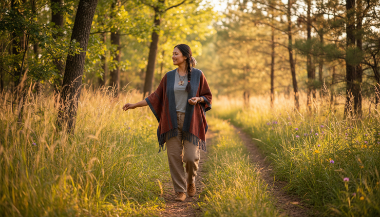 Wide-angle view of a Native American woman walking on a quiet nature trail.