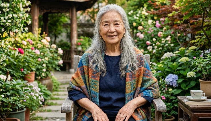 Eye-level view of an Asian woman over 70 with gray hair sitting peacefully in a blooming courtyard.