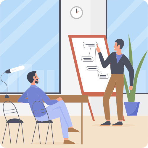 Illustration d’une séance de coaching entre deux personnes, devant un tableau de travail.