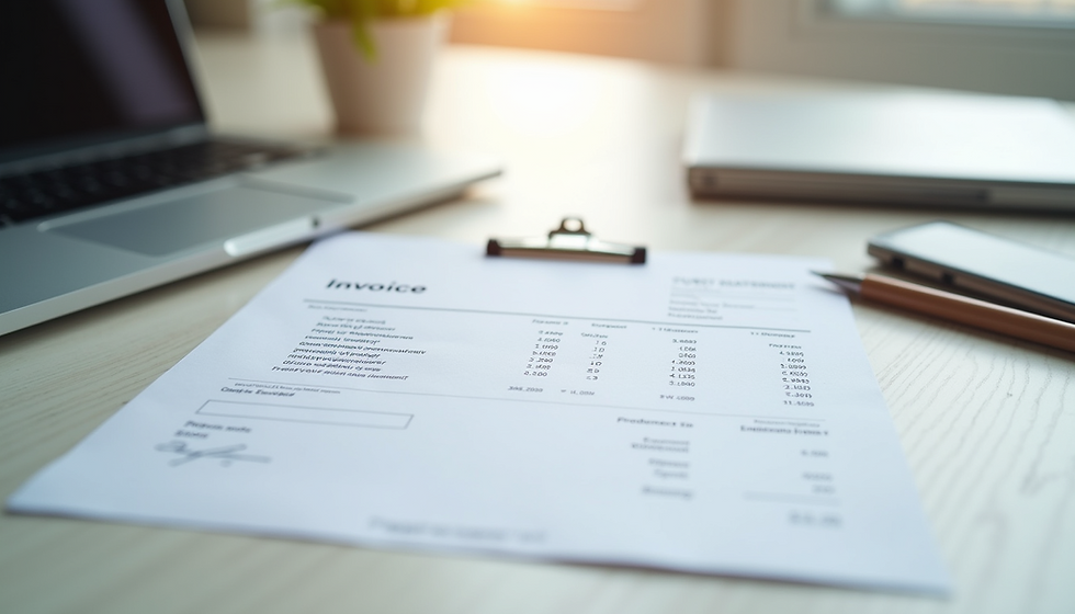 Eye-level view of a neatly organised workspace with an invoice template on a desk