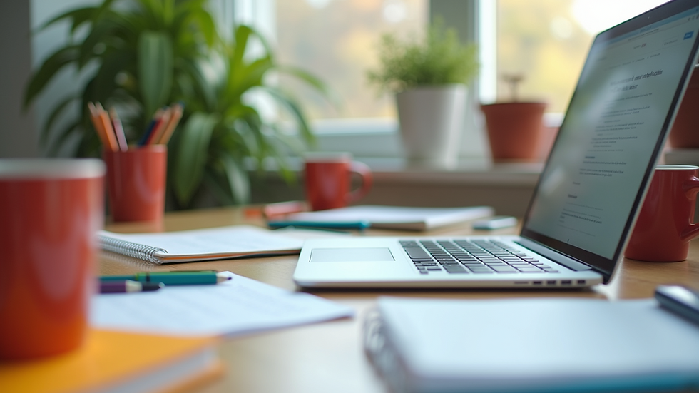 Eye-level view of a colourful workspace with a laptop and stationery