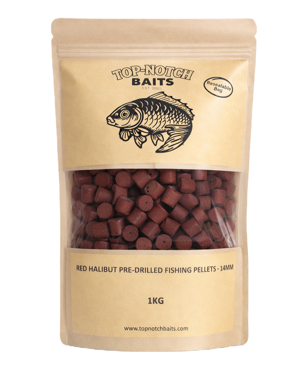 pre filled bag containing 1 kg of 14mm pre-drilled red halibut pellet