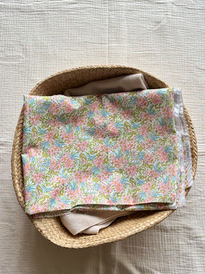 Ligth green, yellow,  blue and pink flowery cotton
