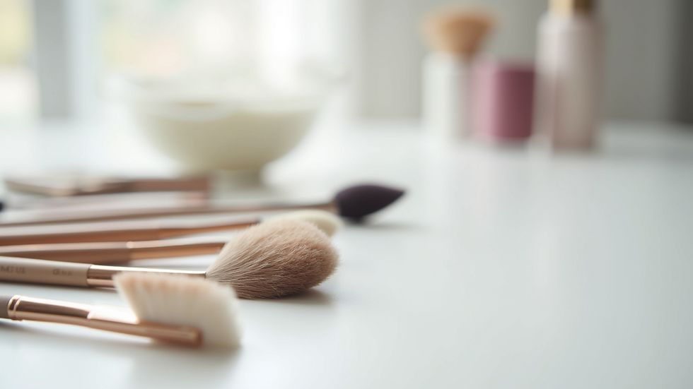 Eye-level view of aesthetic tools arranged neatly on a white table