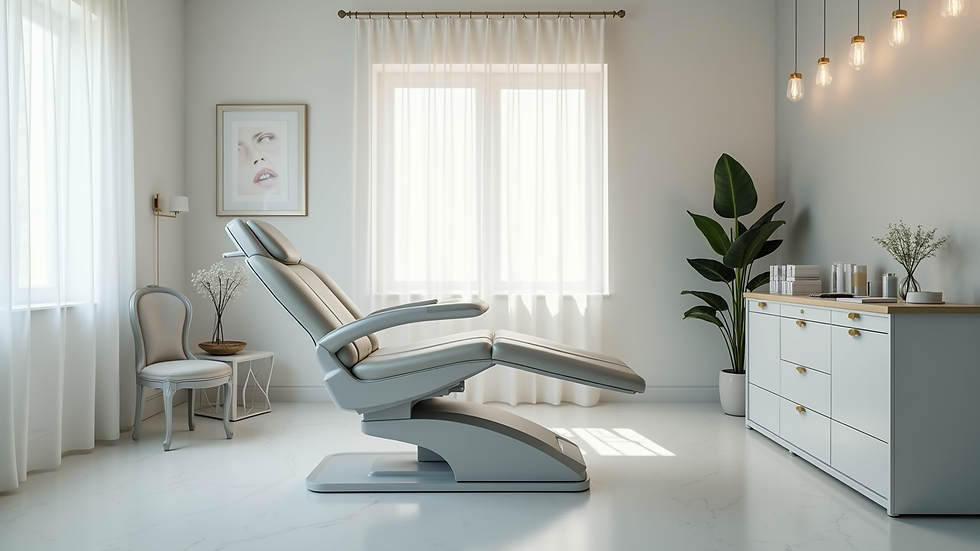 Eye-level view of a sleek aesthetic clinic room with treatment chair