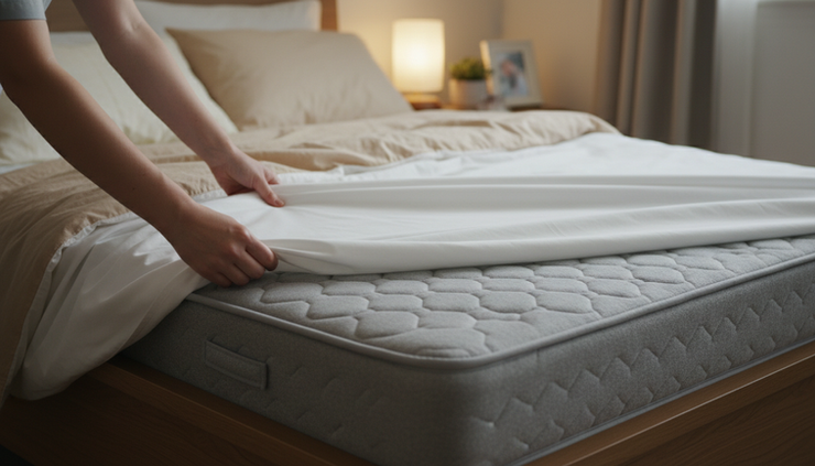 Eye-level view of a caregiver smoothing sheets over a pressure care mattress
