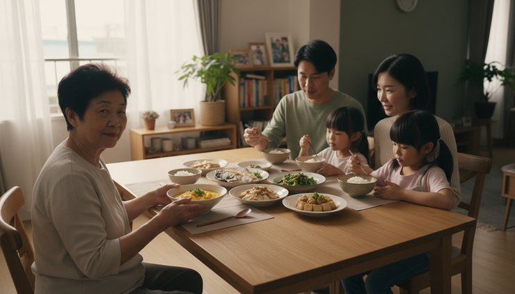 Wide-angle view of a family sharing a quiet meal with one modified dish served separately.
