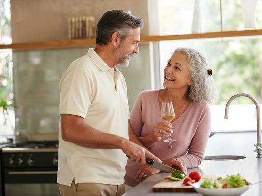 elderly couple cooking