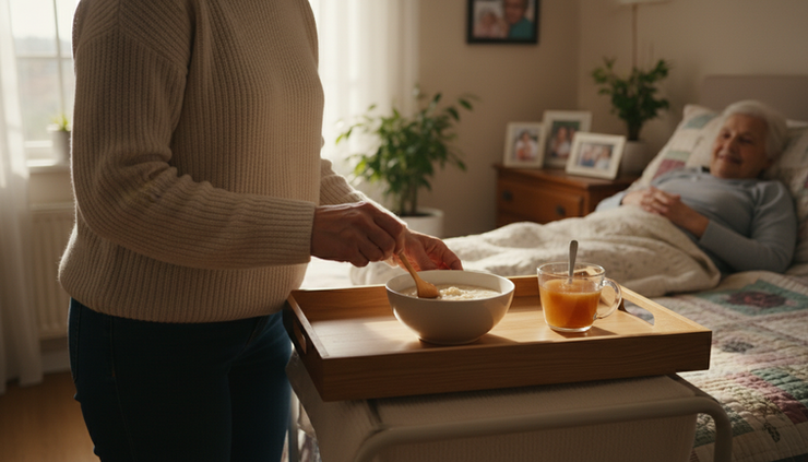 Eye-level view of a caregiver preparing a soft meal beside a home care bed
