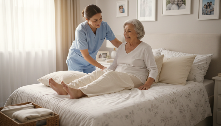 Wide-angle view of a caregiver helping an elderly person change position in bed