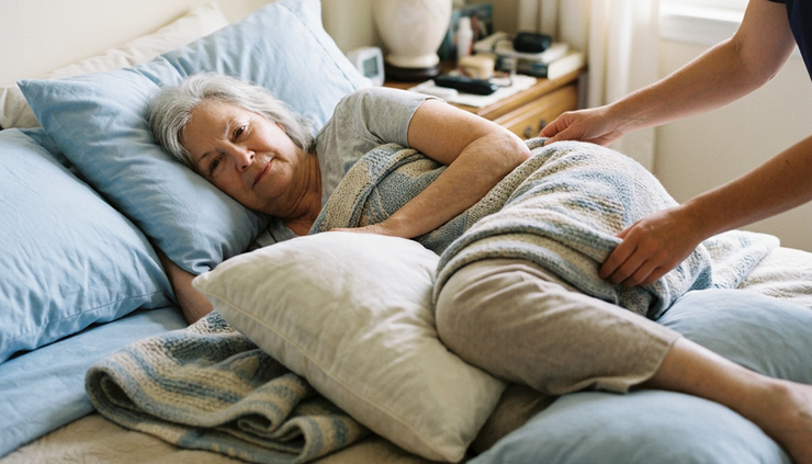 Close-up view of pillows supporting a person’s legs and back after repositioning.