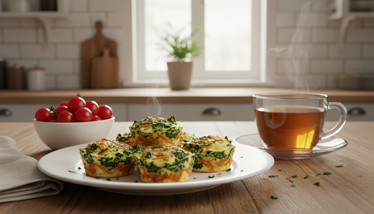 Eye-level view of small homemade egg cups cooling on a plate