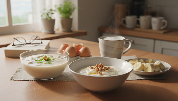 Wide-angle view of a calm kitchen table with yoghurt, eggs, tofu soup, and fruit