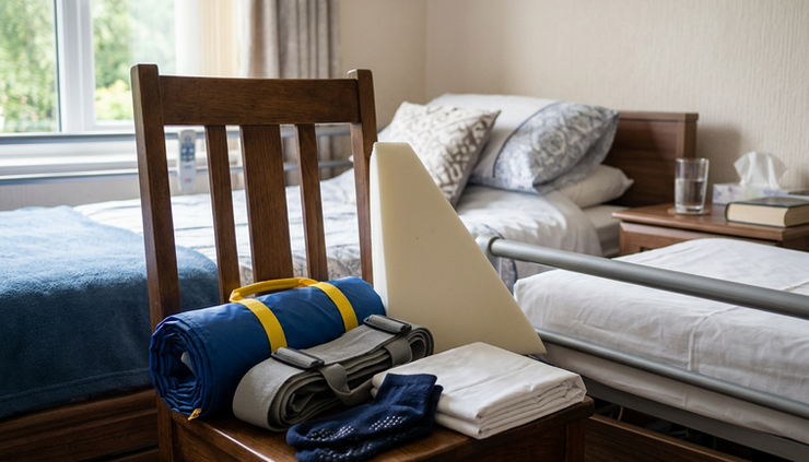 Close-up view of transfer equipment arranged beside a bed.