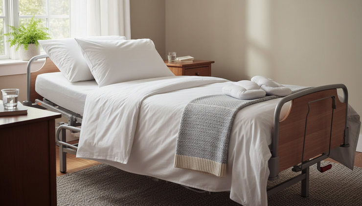 Wide-angle view of a calm bedroom with a pressure relief mattress and pillows arranged for safe repositioning.