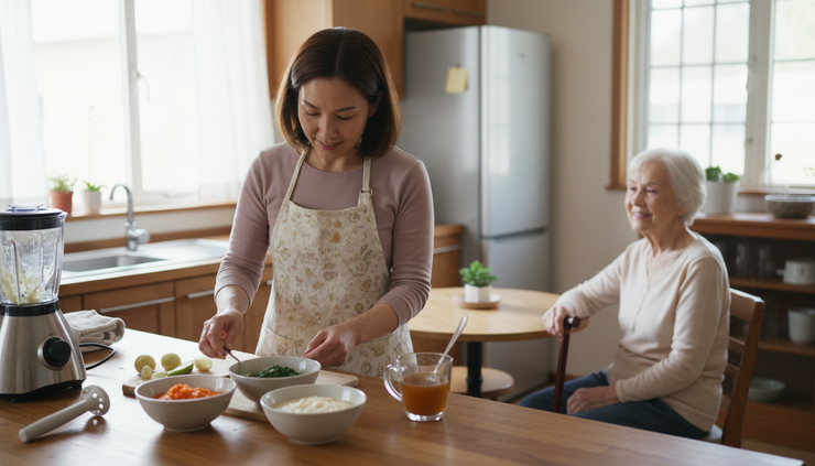 Eye-level view of a caregiver preparing soft textured food in a home kitchen