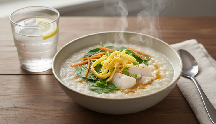 Close-up of a bowl of rice porridge with egg, fish, and vegetables