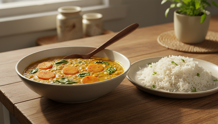 Close-up view of a bowl of lentil dhal with soft vegetables