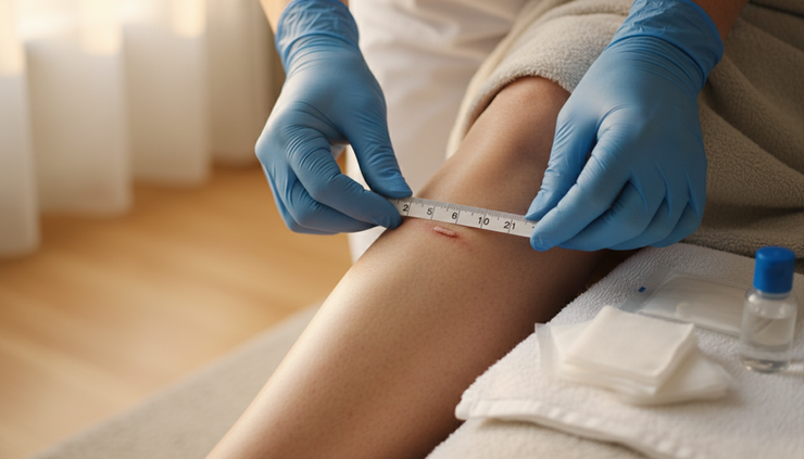Close-up view of gloved hands measuring a small lower leg wound with a paper ruler