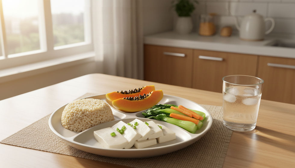 Overhead view of a colourful senior-friendly meal with vegetables, brown rice, tofu, and fruit.