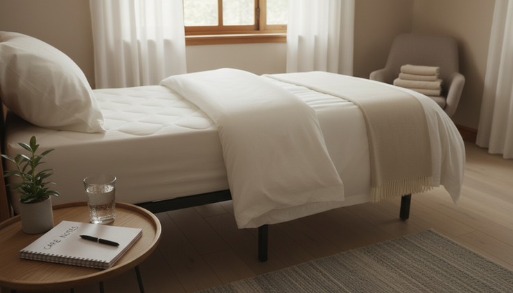 Wide-angle view of a calm home bedroom arranged for pressure care