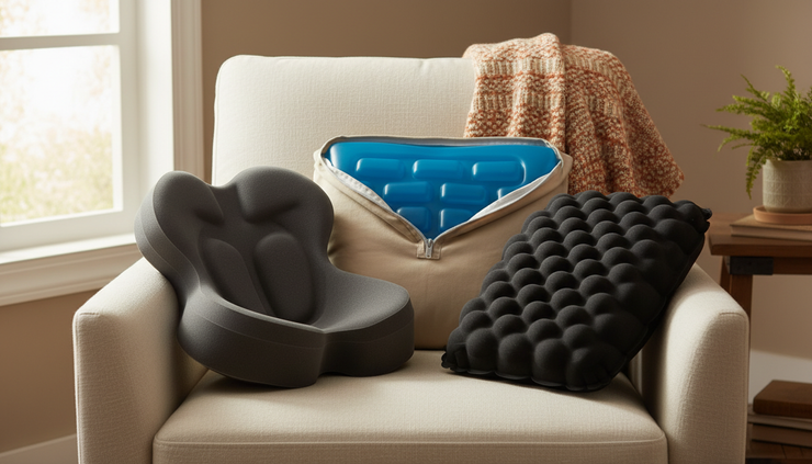 Close-up view of pressure care cushions on a home chair