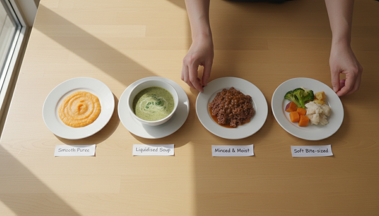 Overhead view of texture-modified meals arranged from puree to soft bite-sized food